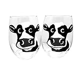 2 Dairy Cow Hand Painted Stemless Wine Glasses