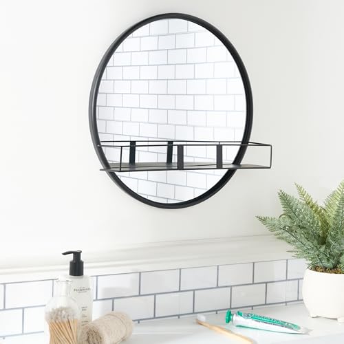 Image of OHS Black Round Bathroom Mirror Wall Mounted, Space Saver Round Mirrors for Walls with Shelf Makeup Dressing Easy Hang Decorative Bathroom Mirrors Over Sink, 40cm