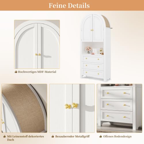 STAPERFO Armoire haute étroite avec 3 tiroirs et étagère ouverte - Armoire de rangement comme armoire polyvalente, armoire de cuisine ou buffet pour salon, forme arquée, MDF blanc, 70 x 35 x 180 cm