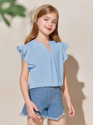 Haloumoning Girls Summer T Shirts Kids Fashion V Neck Ruffle Short Sleeve Tops Blouse 5-14 Years4