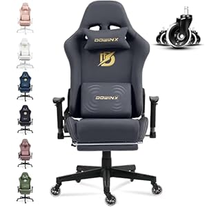 Dowinx Gaming Stuhl, Bürostuhl mit Seidig Glatte Große Räder, Massage Gaming Chair mit Luxuriöser Wildleder-Stoff, 90-165°, 150 KG, Grau