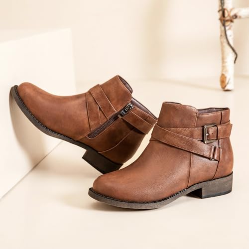 Ataiwee Women's Ankle Boots - Classic Side Zip, Cover with Buckle Strap, Round Toe, Comfortable Platform, Low Chunky Heel Comfort Slip On Fashion (Black/Dark Brown/Grey) Boots.4