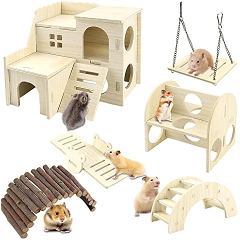 YYWEi Hamster Toy 6 Pieces Hamster Chew Toy for Hamster Wooden Bridge Rocker Swing Training Toy for Guinea Pigs Chinchillas Gerbils Cover
