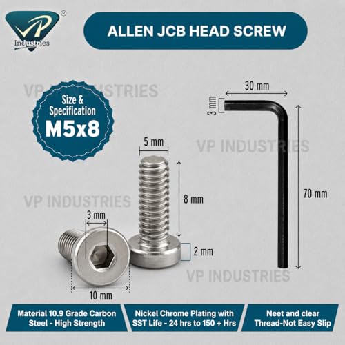 Image of By inchVP INDUSTRIES inch (Pcs-25) M5x8 mm Allen JCB Flat Head Screw Nickel Plated High Tensile | Allen key Head Screw for Modular Furniture, Wooden Work, Electrical Fittings, DIY & Industrial Use