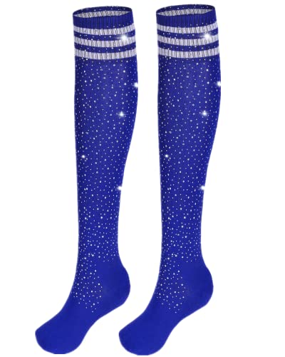 Image of Woman's Rhinestone Over Knee High Socks Stripe Knit Stockings Leg Warmers for Christmas Valentines day Events