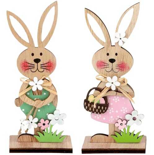 GWAWG 2 Décorations de Lapin de Pâques en Bois, Décorations à Poser pour Table, Maison, Bureau et Jardin