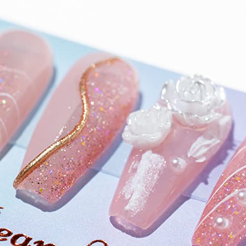 Sun&Beam Nails Handmade Press On Nails Long Coffin Peach Pink Glitter with White Roses and Pearls 10 Pieces for Everyday Wear and Special Occasions (#002 M) - Image 3