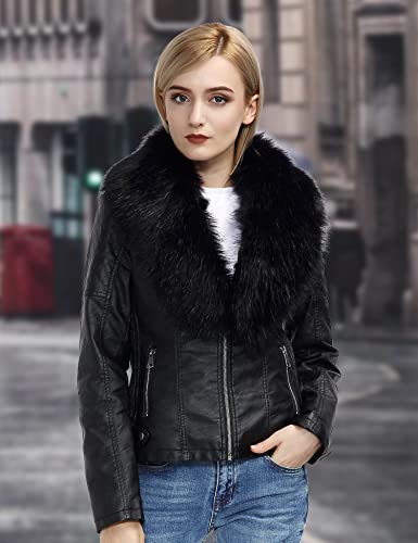 Pallivare Women's Faux Fur Collar Leather Jacket Zip Up Slim Fit Casual Short Coat With Fur Lining Coats For Women Winter #TOP4