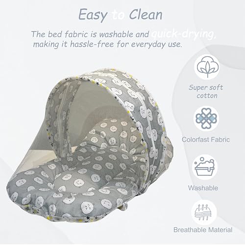 Image of Fareto Combo of Baby Bed with Net | Carry Bag | 4 Pcs Bedding Set (0-6 Months, Baby Size, Cotton) (Grey Sheep)