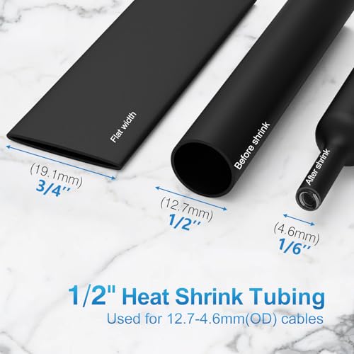 ELECFUN 1/2 Inch 20 Ft Heat Shrink Tubing Roll, 3:1 Marine Grade Adhesive Lined Heatshrink Wire Tube, Waterproof Dual Wall Wiring Wrap for Cable Sealing Oil-Proof Wear-Resistant (20 ft Black) - Thumbnail 2