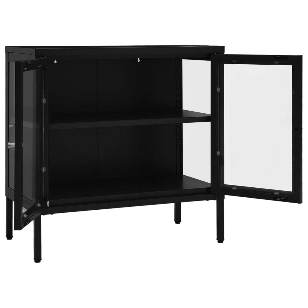 Aparador negro 70 x 35 x 70 cm, acero y cristal, con estantes ajustables, para salón, cocina, pasillo, espacio de almacenamiento versátil