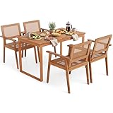 Tangkula 5 Pieces Outdoor Acacia Wood Dining Set, Patio Wooden Table and Rattan...