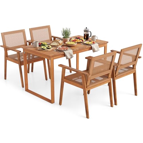 Tangkula 5 Pieces Outdoor Acacia Wood Dining Set, Patio Wooden