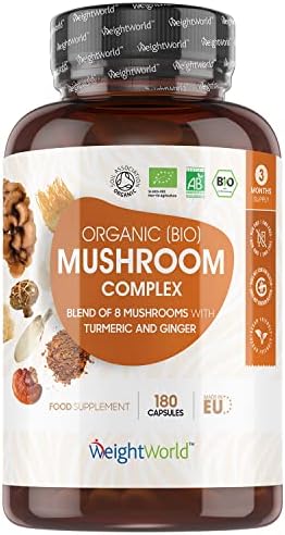 Organic Mushroom Complex 8 - 1000mg 180 Vegan Mushroom Capsules - 8 Mushrooms Blend (Lion's Mane, Reishi, Chaga, Cordyceps, Shitake, Oyster, Maitake, Coprius) with Turmeric & Ginger Non-GMO