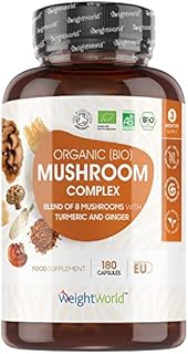 Organic Mushroom Complex 8 - 1000mg 180 Vegan Mushroom Capsules - 8 Mushrooms Blend (Lion's Mane, Reishi, Chaga, Cordyceps, Shitake, Oyster, Maitake, Coprius) with Turmeric & Ginger Non-GMO