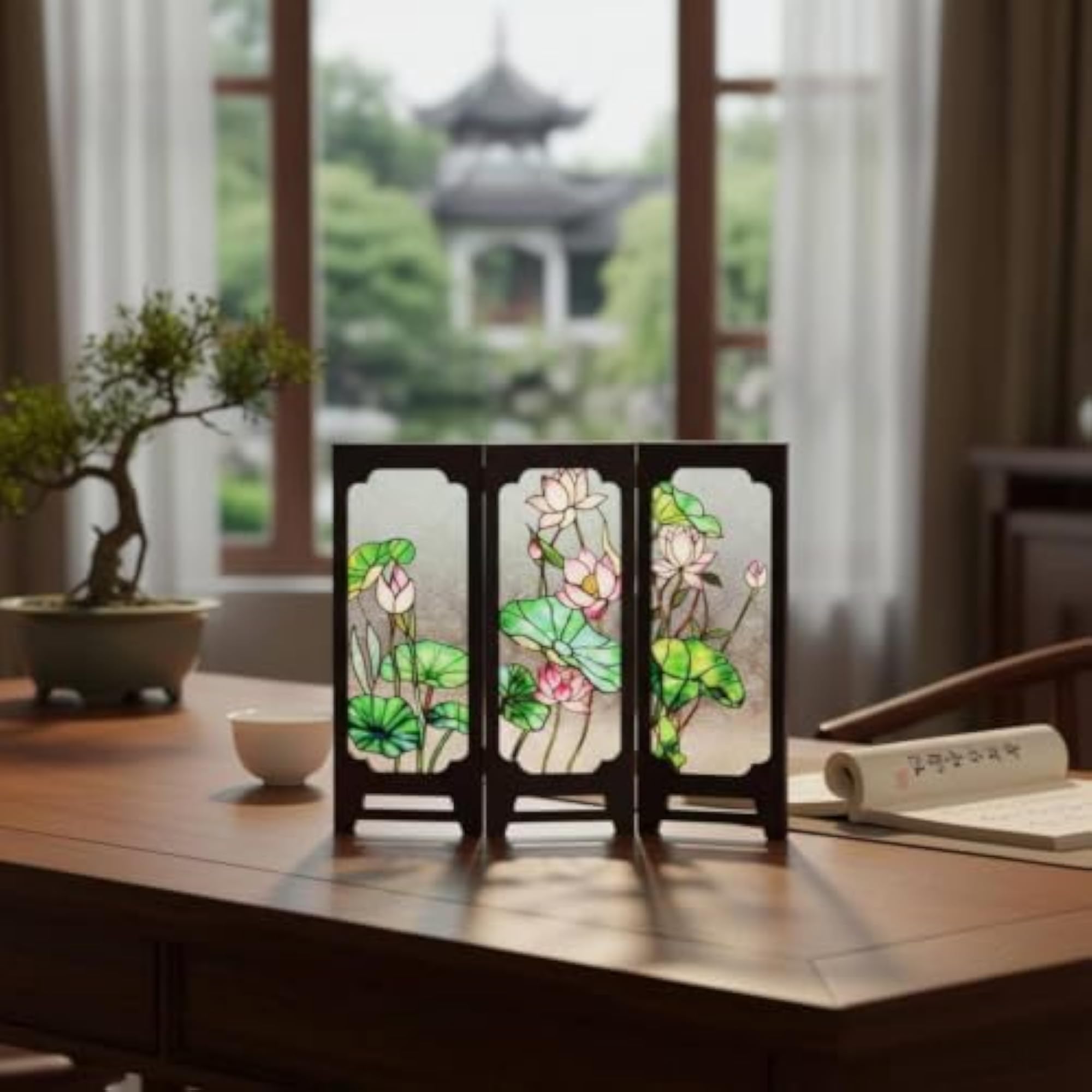 Foldable Design Chinese Glass Table Screen, Space-Saving