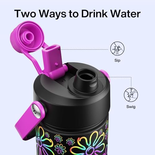 Image of ENCOOL Insulated Water Bottle with Straw Stainless Steel Water Bottle, Glow in the Dark, Leak-Proof, BPA-Free, Keeps Cold for 24 Hours for Sports, Travel, School (26 oz, Flower)