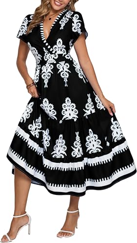 Image of Floral Print Dress for Women Boho Long Dresses Flowy A line Dresses Fit for Office and Casual Vacation Cocktail Party Prom