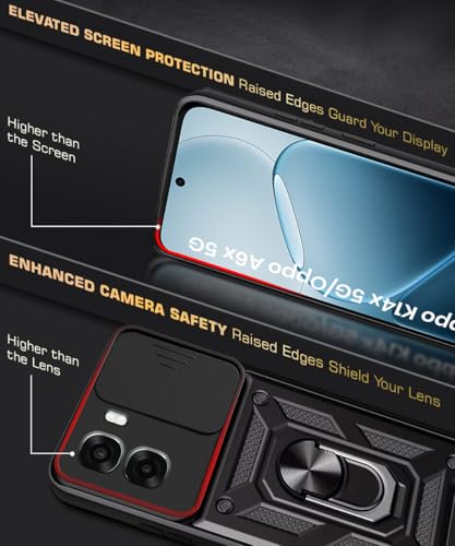 Image of WOW IMAGINE Tough Armor Bumper Mobile Back Case for Oppo K14x 5G | Oppo A6x | A6s 5G | Sliding Camera Cover | Shock Proof 360 Protection | Hybrid PC + TPU | Ring Holder with Kickstand - Black