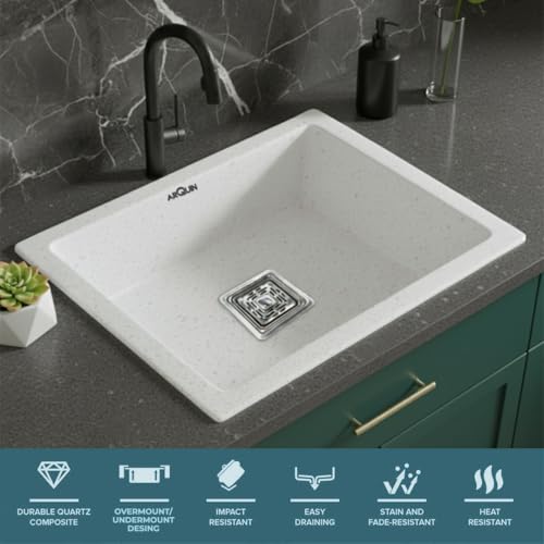 Image of ARQUIN Quartz Sink 21x18x9 Inch Rosa | Single Bowl Sink | Durable & Scratch-Resistant | Undermount /Topmount Including Coupling, Waste Pipe & Fruit Washing Basket