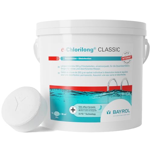 BAYROL e-Chlorilong Classic 5 kg - Galets de Chlore Lent 200 g - 92% de Substance Active - pour Tous Types de filtres - Formule Silk Effect - désinfection...