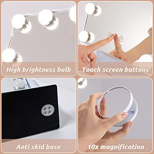 HANSONG Hollywood Vanity Mirror with Lights Lighted Makeup Mirror Touchscreen Control with 12 Dimmable LED Bulbs Detachable 10x Magnification, 3 Color Lighting Modes 360°Rotation
