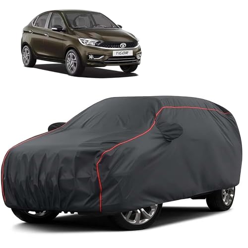 Image of Sulfar 100% Water Resistant Car Body Cover Compatible with Mirror for Tata Tigor (Triple Stitched, Full Bottom Elastic, Dark Grey Taffeta with Red Piping)