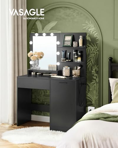 Image of VASAGLE Kailyn Collection - Vanity Desk with Power Outlets and LED Lights, 35.4-Inch Wide Makeup Table with Mirror, Drawer and Cabinet, for Bedroom, Ink Black URDT128C01S