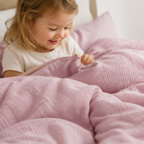 Duvetnova Rosa Musselin Bettwäsche 135x200 Baumwolle,ÖKO-TEX Allergiker Bettwäsche 135x200 Kinder Rosa,Extra Weich&Atmungsaktiv 1 Bettbezug 135x200+1 Kissenbezug 80x80-alle mit Rei