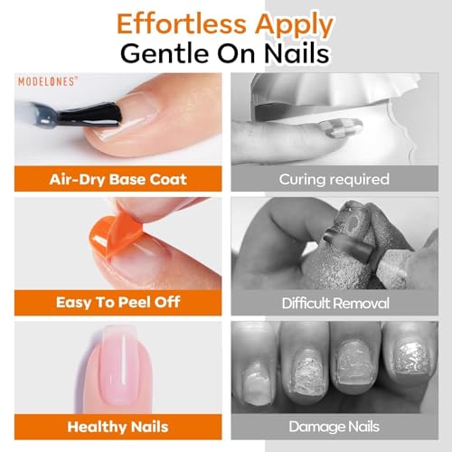 Image of modelones Peel Off Base Coat and Gel Top Coat Set, 2 Pcs No Wipe Clear Top Gel Nail Polish and Peelable Practice Base Easy Removal, Nail Art Manicure DIY Gift for Weak Thin Nails Beginner Women 10ml