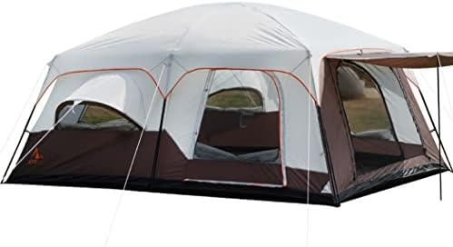 KTT Extra Large Tent 12 Person,Family Cabin Tent,2 Rooms,Straight Wall,2 Bay-Windows 3 Doors 3 Windows with Mesh,Waterproof,Straight Wall,Big Tent for Outdoor,Picnic,Camping,Gathering(Brown)