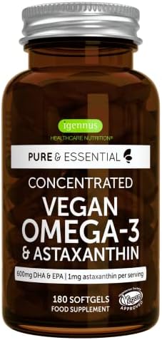 Vegan Omega 3 Algae Oil 1344mg, Astaxanthin 1mg, 180 Softgels, DHA & EPA Fatty Acids 600mg, Pure & Sustainable, Heart, Brain & Eye Health, by Igennus