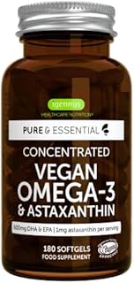 Vegan Omega 3 Algae Oil 1344mg, Astaxanthin 1mg, 180 Softgels, DHA & EPA Fatty Acids 600mg, Pure & Sustainable, Heart, Brain & Eye Health, by Igennus
