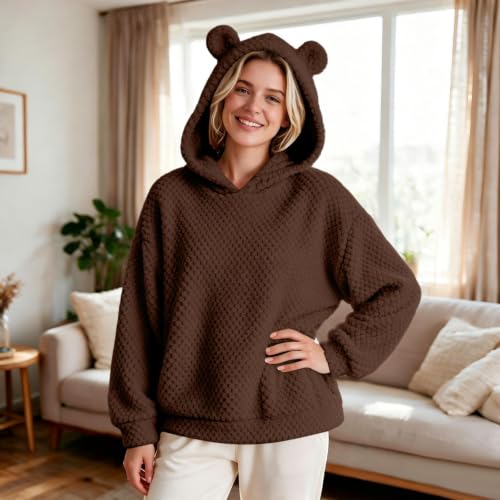Women Fleece Hoodie Bear Double Fuzzy Sweatshirt Fleece Pullover Outwear - image 5