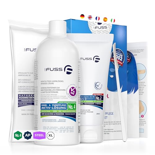 Mr. Fuss® N.º 4 Advanced Pack Steel - Eliminador de cutículas (4 piezas, solución activa, ablandamiento rápido, 500 ml, bálsamo nº 2-200 ml, algodón, raspador de acero inoxidable)