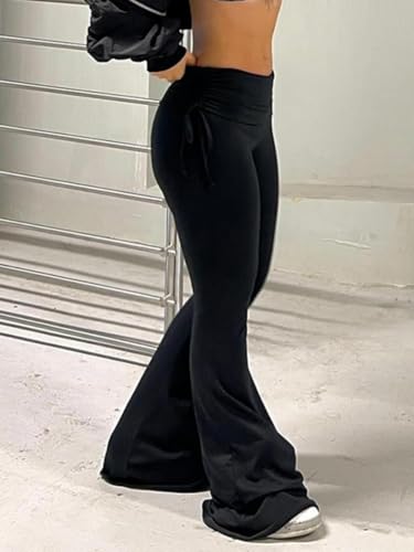 Women's Spring & Fall Solid Drawstring Waist Ruched Flare Leg Pants, Casual Slim Drop Waist Bell Bottom Trousers3