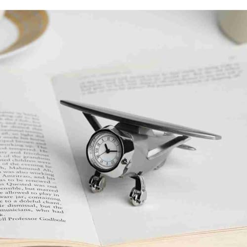 Image of Giftana Aeroplane Miniature Analog Table Clock for Students, Airplane Miniature Desk Clock Paper Weight for Doctors Table, Manual Adjustment, Easy Battery Replacement|93x40 Mm (Silver)