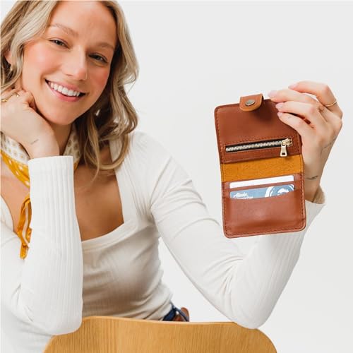 Image of Portland Leather Goods Women's Mini Bifold Wallet - Slim, Palm-Sized Design with Secure Snap Closure, 2 Card Slots, 2 Cash Slots & Zippered Coin Pocket - Honey