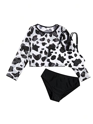 WDIRARA Girl's 3 Pieces Cow Print Bikini Swimsuit Scoop Neck Bathing Suit with Beach Coverup Tops - Main Image