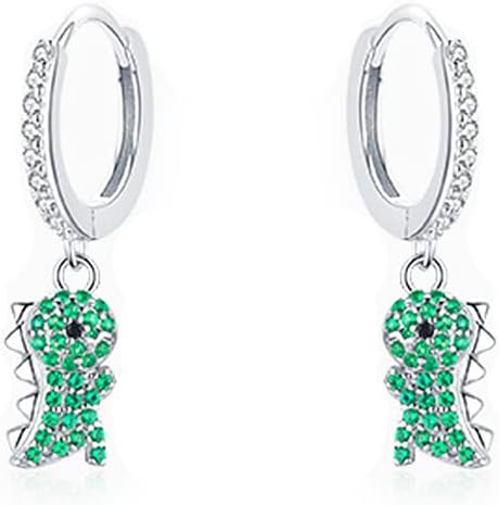 Cute Dinosaur Dangle Hoop Earrings S925 Sterling Silver Green Cubic Zirconia Crystal Lovely Animal Dangling Charm Drop Huggie Hoops Studs Earring Dainty Jewelry for Women
