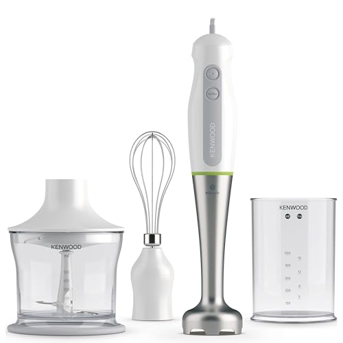 Kenwood Triblade Hand Blender HDP109WG, Stainless Steel Blade, 600W Motor with Turbo Function, Includes Whisk, Mini Chopper and Beaker, White