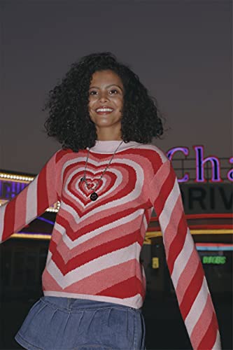Image of Women Cute Heart Sweater Top Love Heart Printing Valentines Day Knitted Pullover Top Long Sleeve Loose Sweatshirt