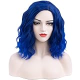 Wiggy Mermaid Short Royal Blue Curly Wig 14Inch for Women Girls, Ombre Dark Blue Bob Wavy Wig Heat Resistant Synthetic Blue Hair Wig with Wig Cap for Daily Party Cosplay