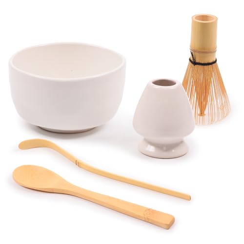 BambooMN Brand - Matcha Bowl Set (Includes Bowl, Rest,Tea Whisk, Chasaku, & Tea Spoon) 1 Set White by BambooMN
