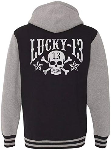 Lucky 13 Unisex Skull Stars Hooligan Full Zip Hooded Sweatshirt Gun Metal/Heather L Black