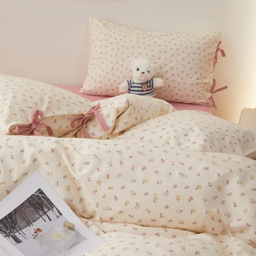 Image of LifeTB Botanical Floral Comforter Set King, Cute Colorful Flowers Pattern Cottagecore Comforter with 2 Bow Ties Pillowcases, Soft Lightweight Bedding Comforter for All Seasons Aesthetic Bedroom Decor