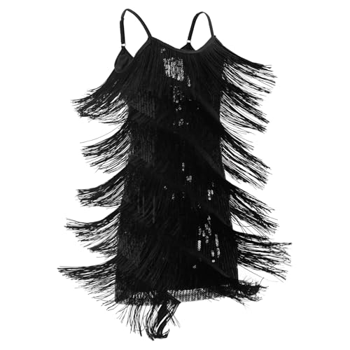 EFOGEP Girls Latin Dance Dress Tassel Fringe Dress, Sparkly Sequin Flapper Style 1920s Gatsby Dance Dress for Kids Ballroom Party Performance Black 10-11 Y