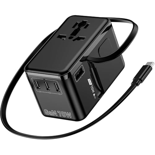 JMFONE 70W GaN Universal Travel Adapter, Retractable USB-C Cable + 4 USB-Port + 2500W AC Outlet, International Power Adapter with US EU UK AUS Plugs for 200+ Countries, Fast Charging Laptops