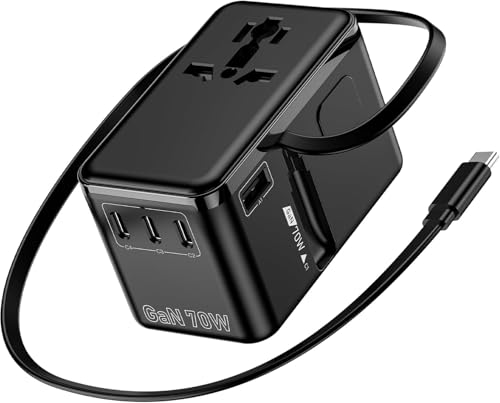 Image of JMFONE 70W GaN Universal Travel Adapter, Retractable USB-C Cable + 4 USB-Port + 2500W AC Outlet, International Power Adapter with US EU UK AUS Plugs for 200+ Countries, Fast Charging Laptops Phones