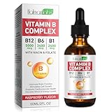 Liquid Vitamin B Complex Supplement, B Vitamins Complex - Vitamin B12 B1 B6 Niacin & Folate, 60ml, Raspberry Flavour - Supports Brain Heart Function, Elevates Mood & Energy Levels